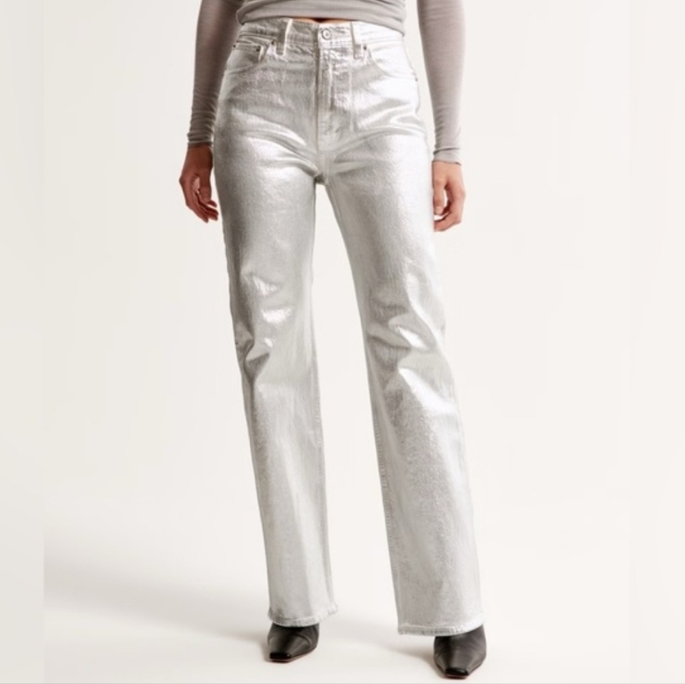 Abercrombie & Fitch Silver Metallic Flare Jeans Size 4 / 27 - Picture 6 of 8